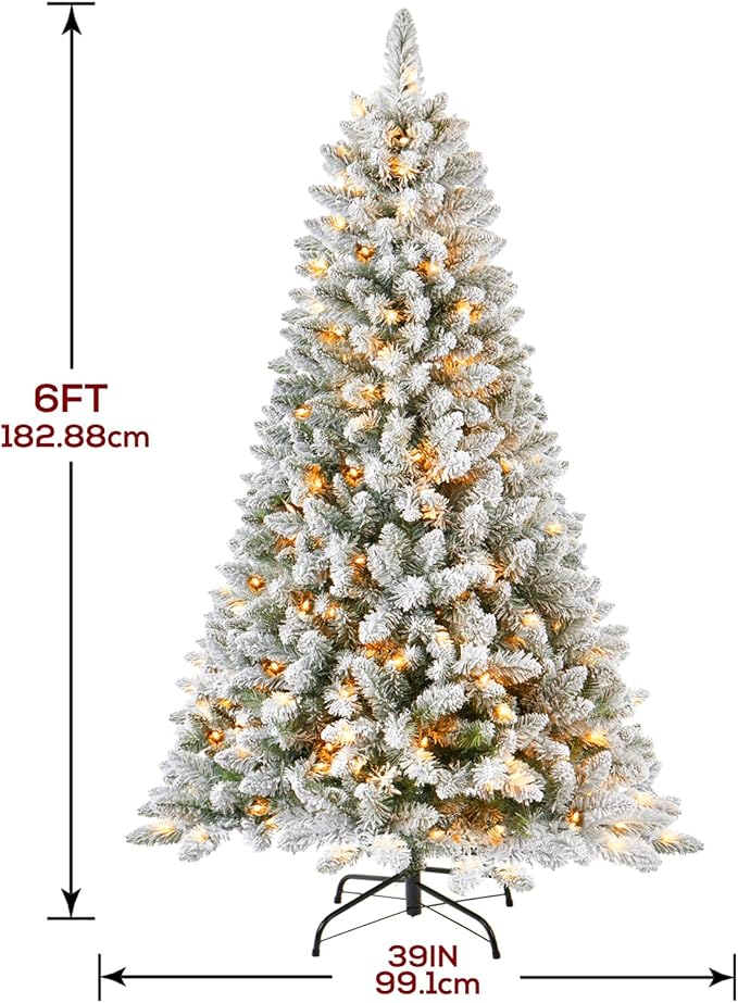 6 FT Pre-lit Snow Flocked Christmas Tree, Artificial Christmas Tree with 250 Warm White & Color LED Changing Lights, 600 PVC Branch Tips, Easy Assembly/Metal Stand/Hinged/8 Color Modes