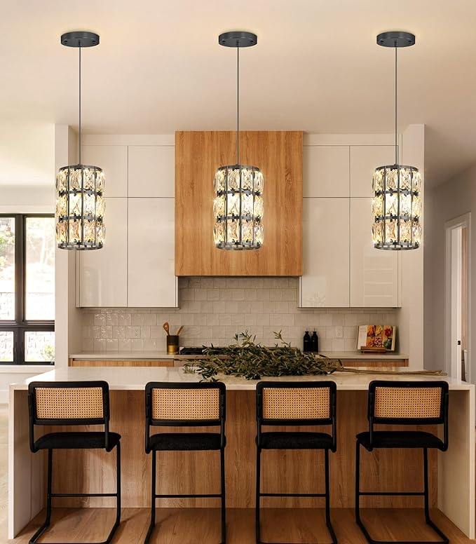 1-Lights Modern Crystal Pendant Lights for Kitchen Island LED Dimmable Glam Pendant Lighting Chandelier for Dining Room Hallway Corner Lamp Black