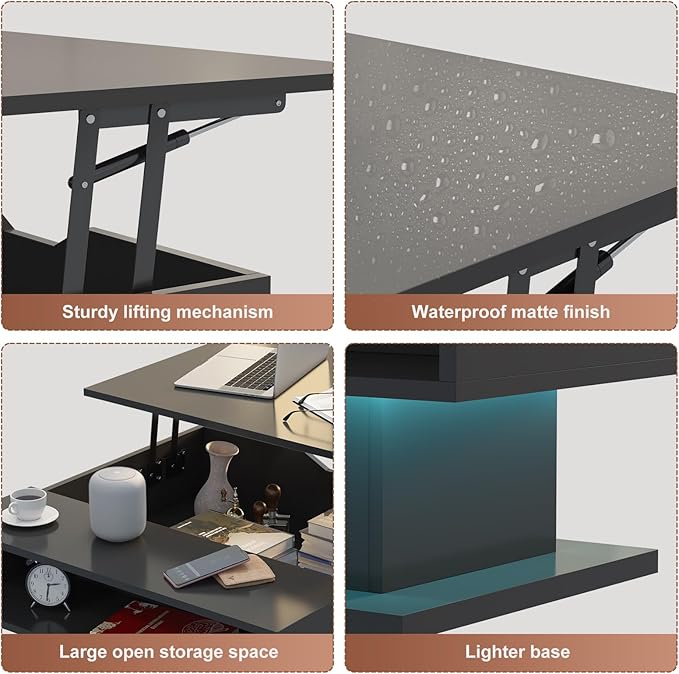 Square Lift Top Coffee Table with Storage, Black Led Coffee Table for Living Room with Large Hidden Storage, 30.7" Wood Table Led Center Table for Dining Reception Room