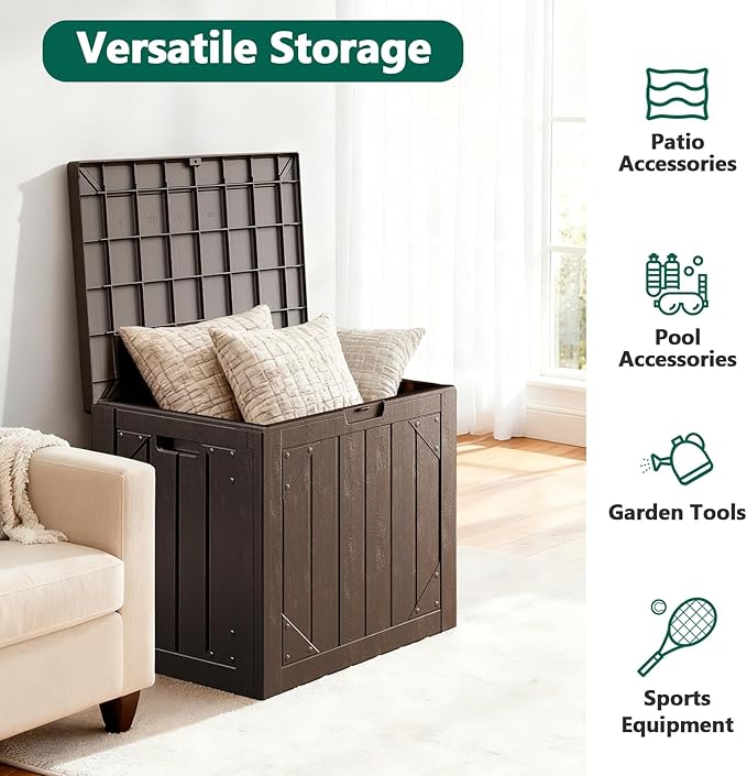 Outdoor Storage Box, 30 Gallon Deck Box Outdoor Storage Bench Outside Waterproof Resin Storage Bench, Lockable Patio Cushions, Garden Tools Storage For Furniture, UV Resistant (Brown)