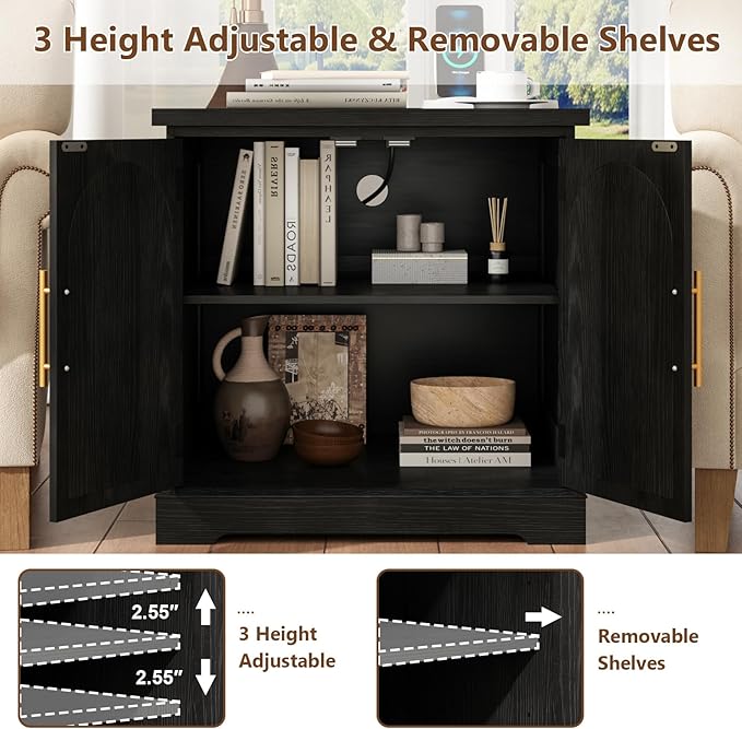 Rattan End Table with Charging Station, 24" Large Sofa Side Table with 2 Arched Doors, Boho Wood Square Nightstand Bedside Tables with Adjustable Storage Shelf for Living Room, Bedroom
