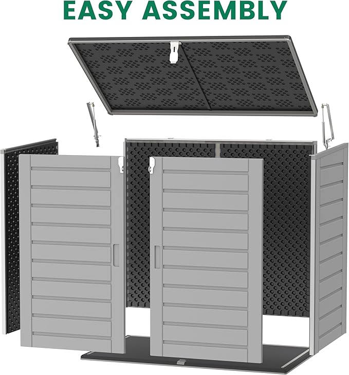 Horizontal Outdoor Trash Can Storage Shed, 304 Gallon Resin Garbage Can Storage Shed with Lockable Doors & Lift Lid, Waterproof Bin Shed for Backyard, Patio & Garden (Gray)