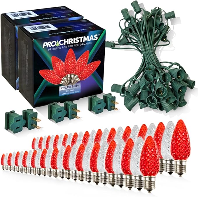 Pro Christmas C9 LED Christmas Light Kit for Rooflines & Pathways – DIY Cut to Length, Outdoor Commercial Grade (Green Wire w/Vampire Plugs, 50 Bulbs, 50 ft) Pure White and Red