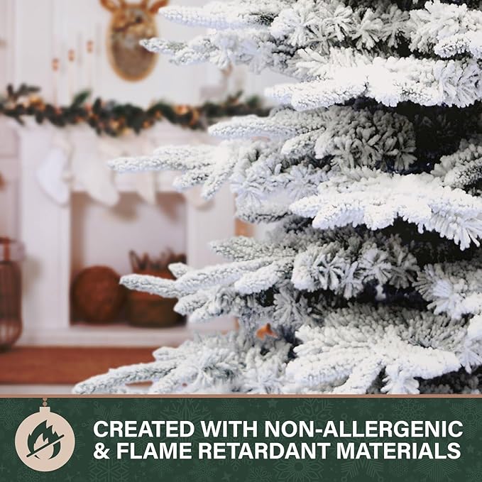 Fraser Hill Farm 9-Ft. Pine Valley Flocked Christmas Tree, Snowy Xmas Tree with DIY Potential with No Attached Lights, Artificial Christmas Tree with Metal Base, Easy to Set up