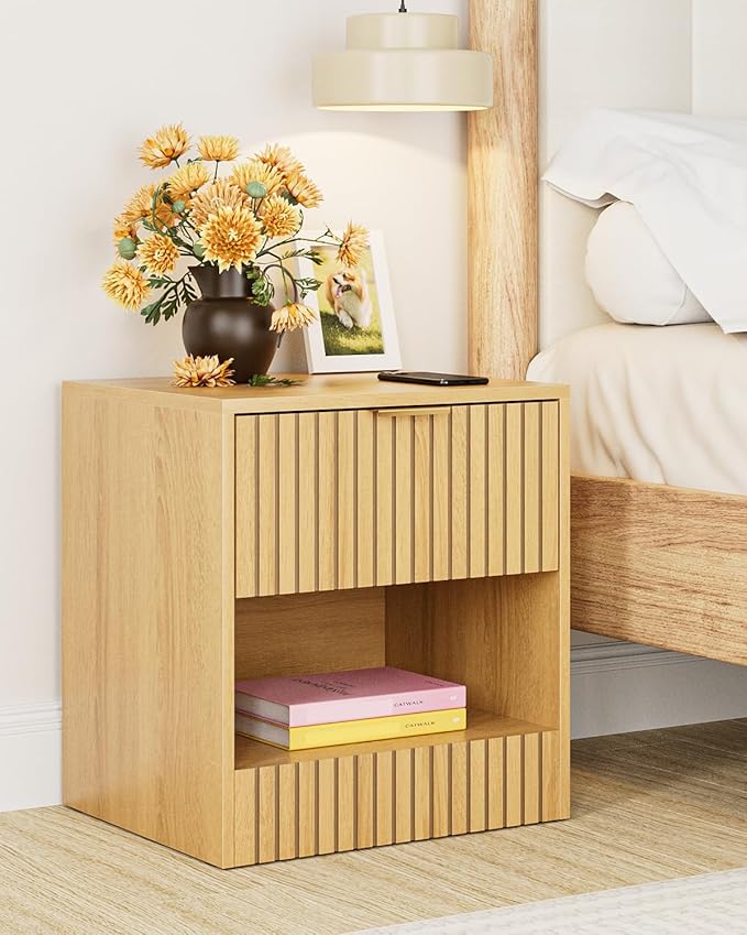 Nightstand, Modern Night Stand, Bedside Table with Drawer and Open Shelf, Cube Design, Side Table for Bedroom, Living Room, Oak