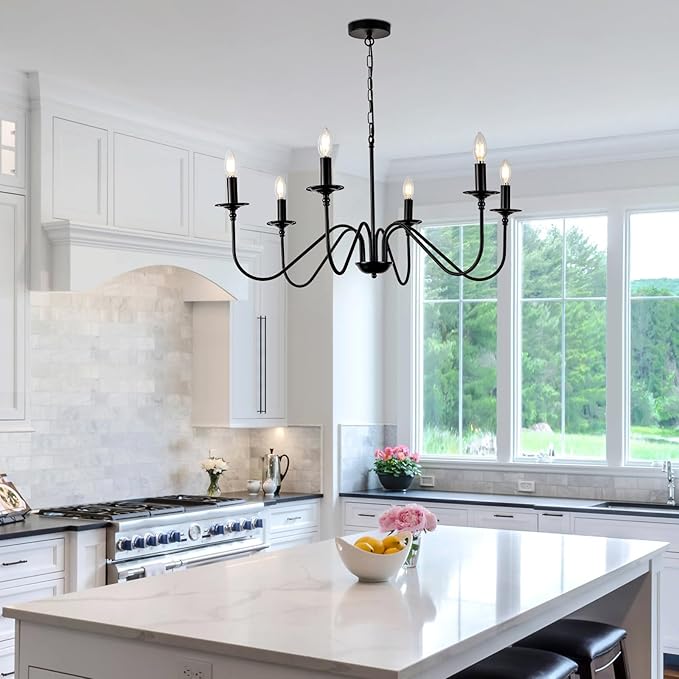 Black Farmhouse Chandeliers, 6 Light S-Arm Modern Candle Hanging Pendant Light, Industrial Rustic Metal Ceiling Kitchen Island Light for Living Room, Entryway, Foyer, Bedroom, Dining Room