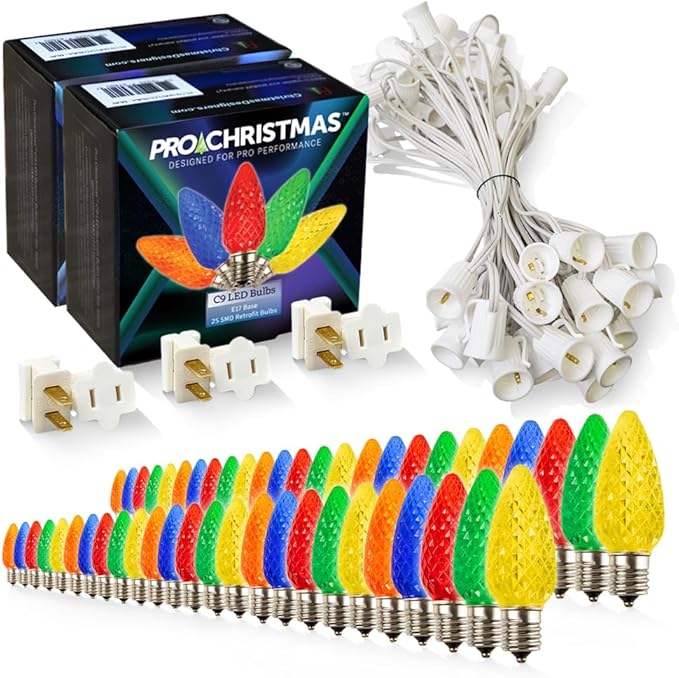 Pro Christmas C9 LED Christmas Light Kit for Rooflines & Pathways – DIY Cut to Length, Outdoor Commercial Grade (White Wire w/Vampire Plugs, 50 Bulbs, 50 ft) Multi