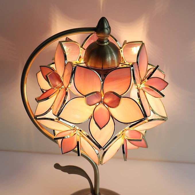 Bieye L10833 Rose Lily Flower Tiffany Style Stained Glass Table Lamp with Vintage Brass Base Electroplating Finish for Bedside Bedroom Living Room Home Decoration, 8 inch Wx17 inch H, 8 inch Rose Lily