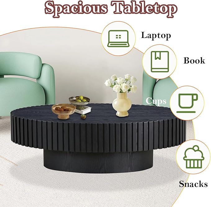 43.3in Fluted Side Tables Living Room Modern Chic Drum Coffee Table - Spacious Tabletop, for Small Space - Living Room Apartment Study,Black