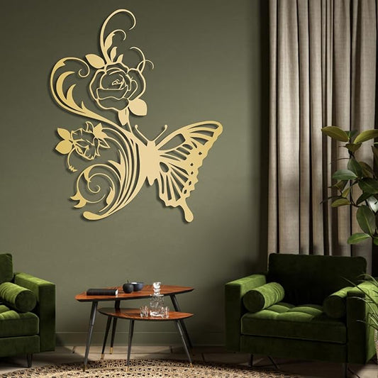 RUNBOAT Metal Flower Butterfly Wall Art - Butterfly And Flowers Wall Decor, Floral Wall Sculpture for Living Room, Bedroom (Gold, 19x15in|47x38cm)