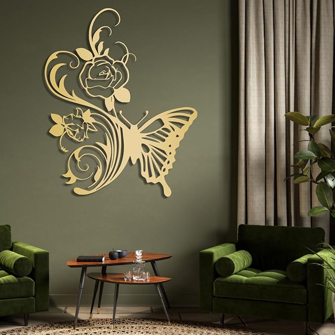 RUNBOAT Metal Flower Butterfly Wall Art - Butterfly And Flowers Wall Decor, Floral Wall Sculpture for Living Room, Bedroom (Silver, 39x32in|100x81cm)
