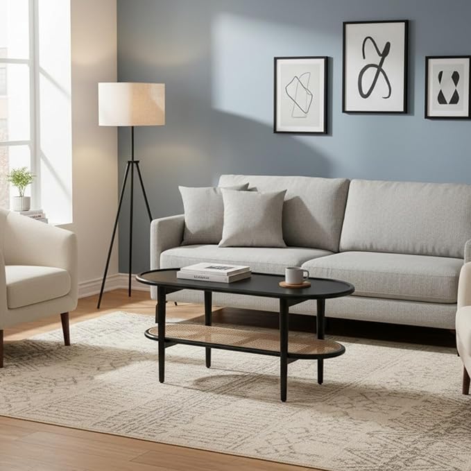Modern Rattan Coffee Table, 39.5 Oval Black Wood Coffee Table with Storage Shelf for Living Room, 2-Tier Center Table Entryway Table Side Table Nightstand for Bedroom Office Small Space Cafe