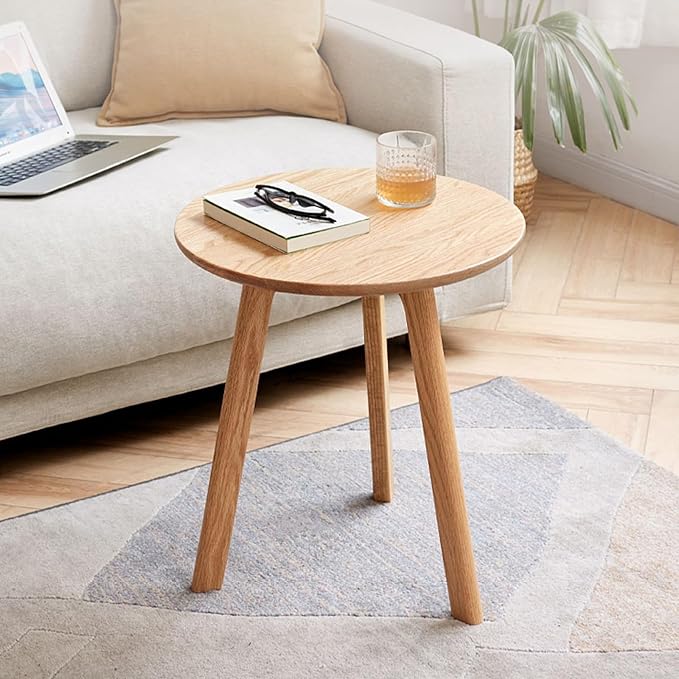 100% Solid Oak Round Side Table, Small Side Table for Small Spaces, 3-Legged Living Room End Tables Set of 2with Stable Frame for Bedroom Couch Side Entryway, Natural