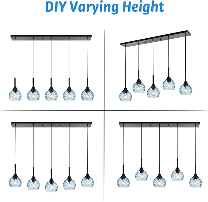 5 Light Island Lighting Fixtures Hanging with Blue Striped Swirl Globe Glass, Black Linear Hanging Pendant Light Fixture Farmhouse Chandelier for Dining Room Bar Living Room
