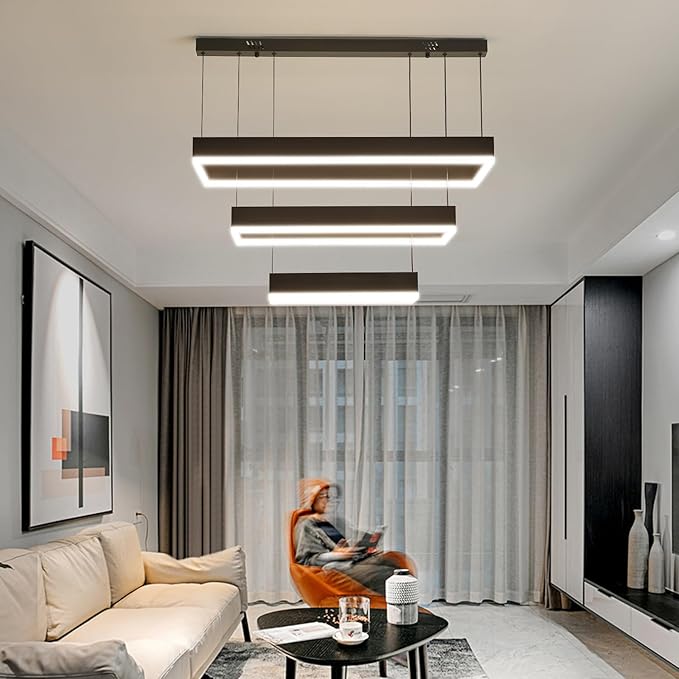 Modern Kitchen Island Pendant Light, Rectangle Dimmable LED Chandelier, 3 Layer Adjustable Ceiling Light Fixture for Dining Room, Living Room, Bedroom, 3000K-6500K, Black Foyer Hanging Light