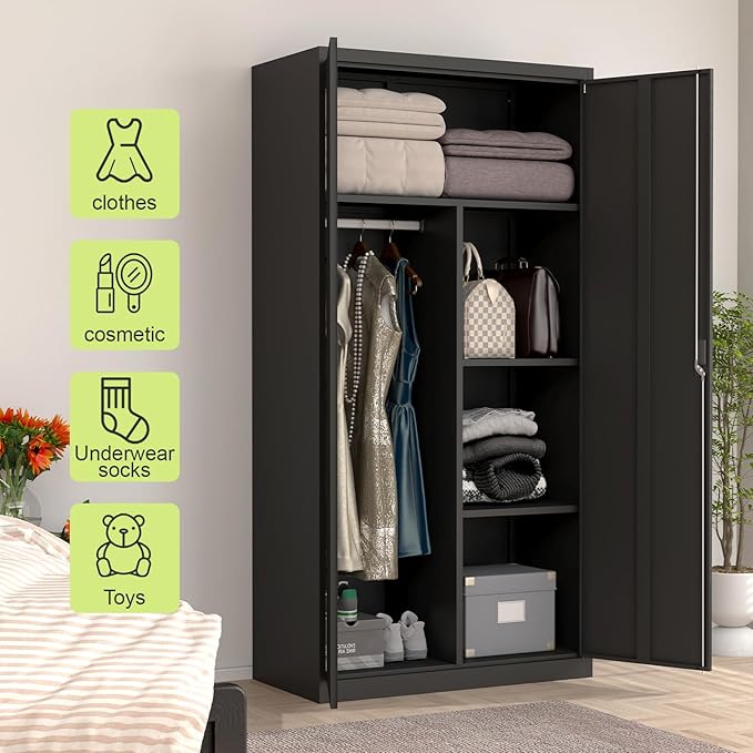 Wardrobe Storage Cabinets,Black Armoire Wardrobe Closet with Lock,Metal Storage Cabinet for Living/Laundry Room