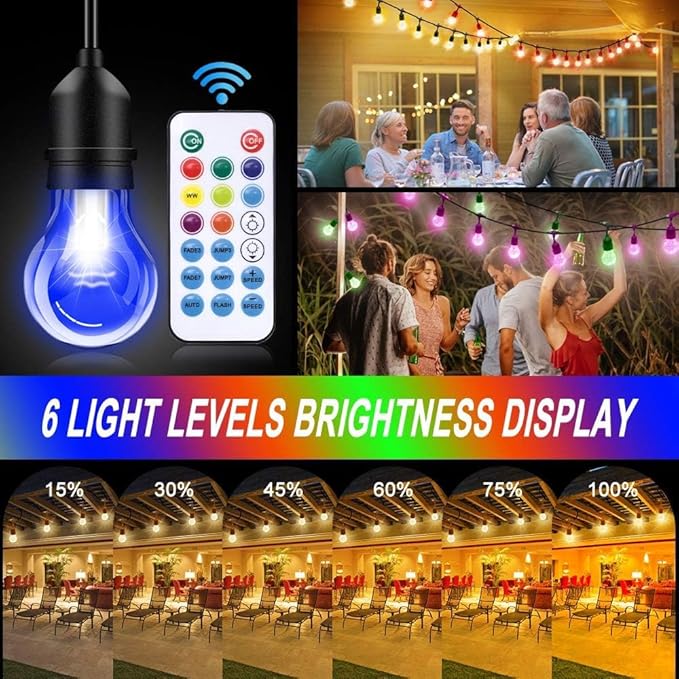 35FT Outdoor String Lights, 11 Shatterproof Edison Bulbs, Dimmable RGB Color Changing Patio Lights with Remote,Waterproof for Garden Commercial LED Decorative Lighting.