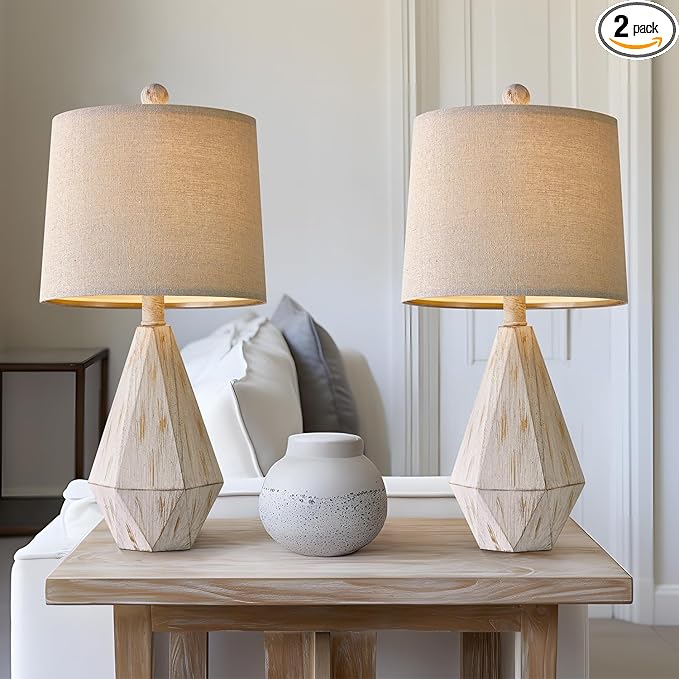 PoKat 20.25" Rustic Table Lamp Set of 2 for Bedroom Living Room Vintage Retro Traditional Nightstand Bedside Lamps Kids Room Study Room Office with Linen Shade, Suitable for Small Place