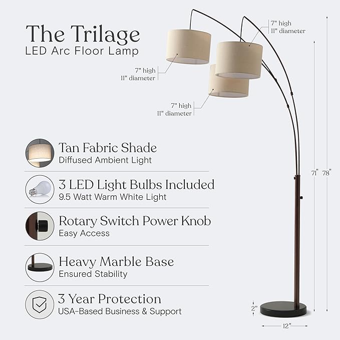 Brightech Trilage Arc Floor Lamp for Living Room, Multi Head Tree Floor Lamp for Bedroom, 3 Lights Standing Lamps Hanging Over The Couch - Oil Rubbed Bronze