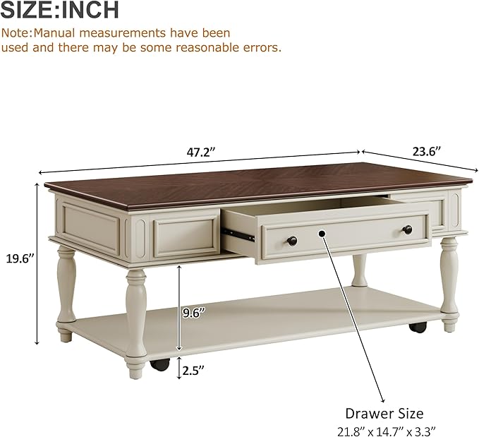 Polibi Coffee Table with Large Storage Drawer, Retro Movable Rectangular Cocktail Table with 4 Caster Wheels for Livingroom, Easy Assembly (Walnut+White)