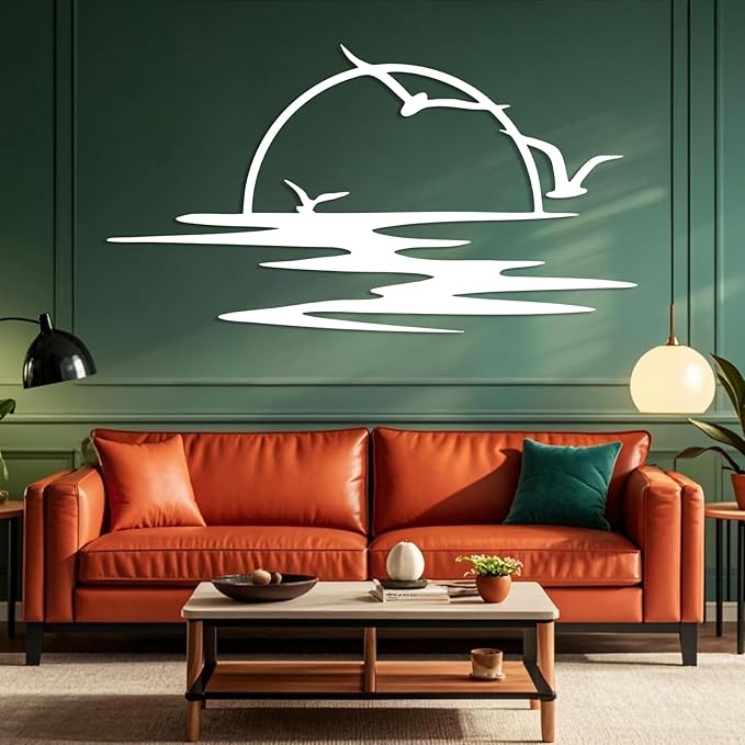 Sunrise Metal Wall Art, Seagulls Sunset Metal Wall Decor, Minimalist Sunshine Line Wall Art, Abstract Sunset Wall Decor, Sunburst Wall Hanging for Living Room (Silver, 41"x22"/105x57cm)