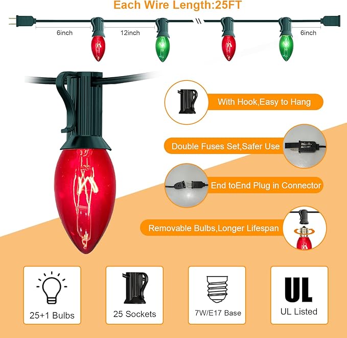 C9 Vintage Christmas String Lights, 25Ft Red & Green with 26 C9 Bulbs, Outdoor Hanging Patio Lights for Christmas Tree, Path, Roofline, Wedding Party Decoration