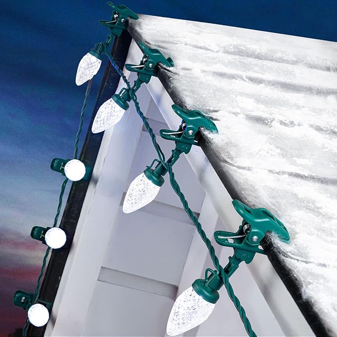 2PACK C9 LED Christmas Lights with 100 Spring Clips, Total 100ft 100 LED Waterproof Strawberry String Lights, Commercial Grade Extendable Perfect for Roofline Patio House Xmas Decor, Pure White