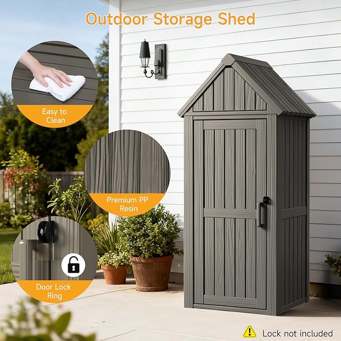 Outdoor Resin Storage Shed, Outdoor Storage Cabinet Waterproof with Hooks and Lock Ring, Multifunctional Storage Shed with Floor and Removable Shelves, All Weather Tool Shed for Patio, Lawn, Brown