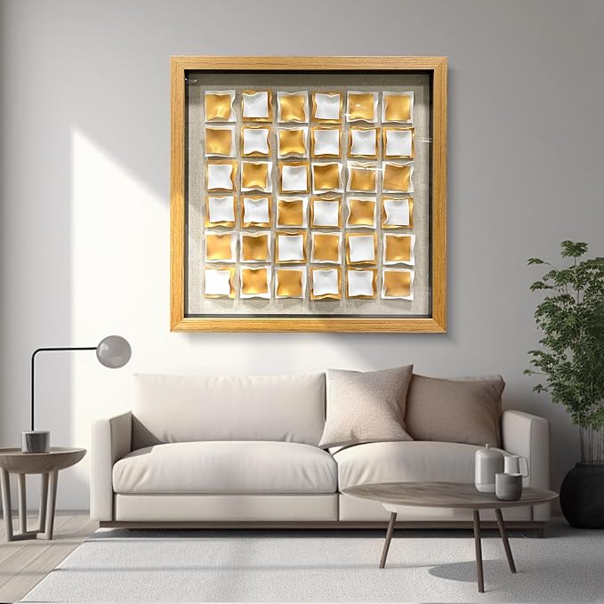 BrightA Gold and White Geometric Wall Sculpture Reflective 3D Textured Panels Brushed Metal Texture with Wave Modern Framed Abstract Art for Bedroom Office Decor 23.6"x23.6"