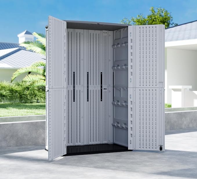 HOMSPARK Storage Shed Weather Resistance, Multi-Purpose Outdoor Storage Cabinet for Backyards and Patios, Horizontal Storage Shed for Lawnmower, Patio Accessories (White, Tall - 53 cu.ft)