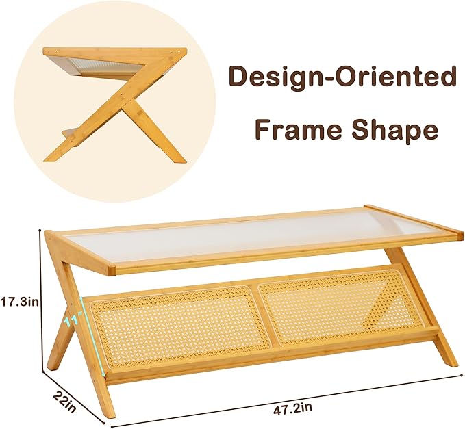 Bamboo Coffee Table, Accent Rattan Coffee Table with Glass Top, Mid-Century Wooden Center Tables, Modern Sofa Side Tea Tables with Storage for Living Room, Burlywood