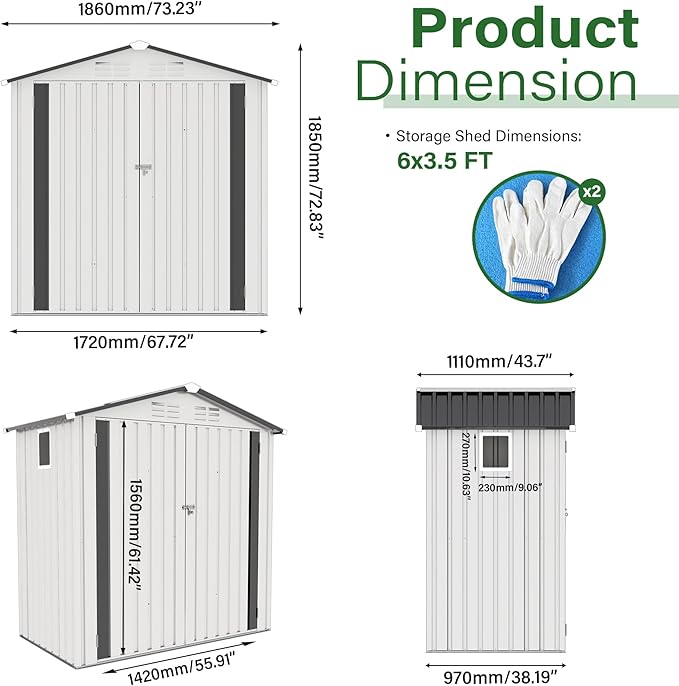 6x3.5 FT Outdoor Storage Shed, Small Metal Garden Shed with Window, Outside Tool Sheds with Lockable Hinged Doors, Waterproof Storage Building with 4 Air Vents for Backyard, Patio, Lawn, White