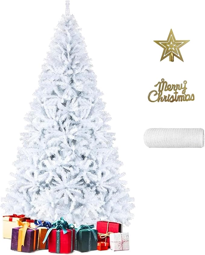 PLKO 10FT Artificial Holiday Christmas Tree，Artificial Christmas Tree Xmas Pine Tree with Stand and Soft White Branch for Holiday Indoor Outdoor,2150Tips(White)