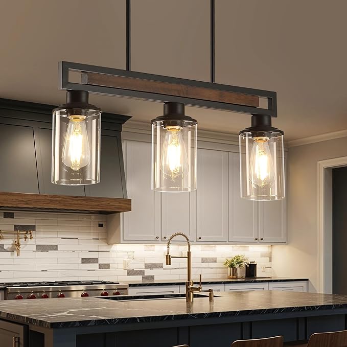 Farmhouse Dining Room Light Fixture, 3-Light Wood Kitchen Island Lighting for Dining Room Over Table, Black Adjustable Pendant Light with Clear Glass Shades, Linear Chandeliers Lighting for Kitchen