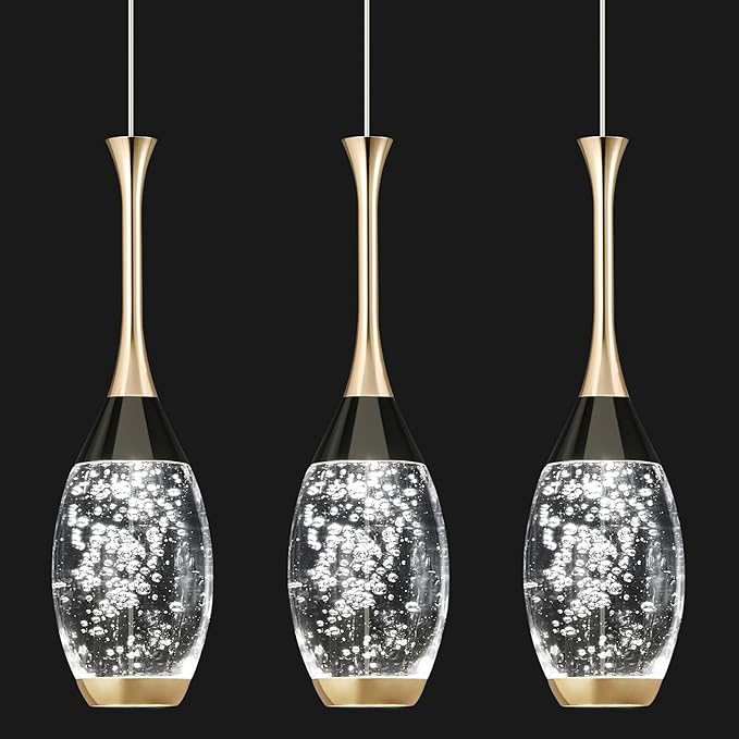 Modern Black Gold Pendant Light Dimmable LED Ceiling Light Fixtures Mini Teardrop Crystal Pendant Lighting for Kitchen Island Bedroom Hallway Entryway (3-Pack， Champagne Gold)