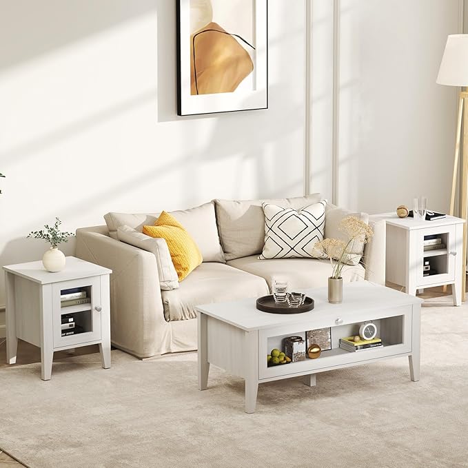 Bonzy Home Modern Night Stands Set of 2, End Table with Acrylic Door, Wooden Side Table with Storage, Bedside Tables for Bedroom, Living Room, Small Spaces, White
