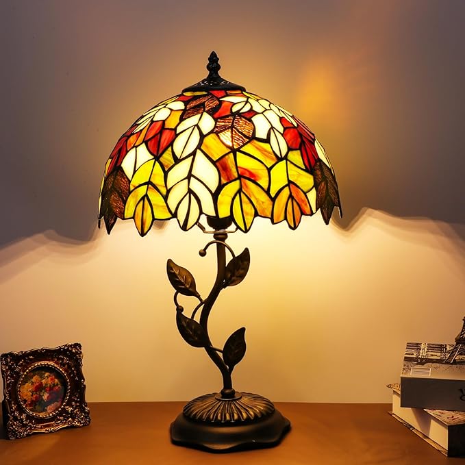 Stained Glass Table Lamp, Maple Leaf Style Metal Leaf Base Desk Reading Light 12X12X19 Inches Decor for Bedroom Living Room Office