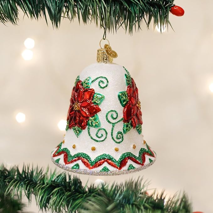 Old World Christmas Poinsettia Bell Glass Blown Ornament for Christmas Tree, Handcrafted Holiday Decoration, Bell Collection