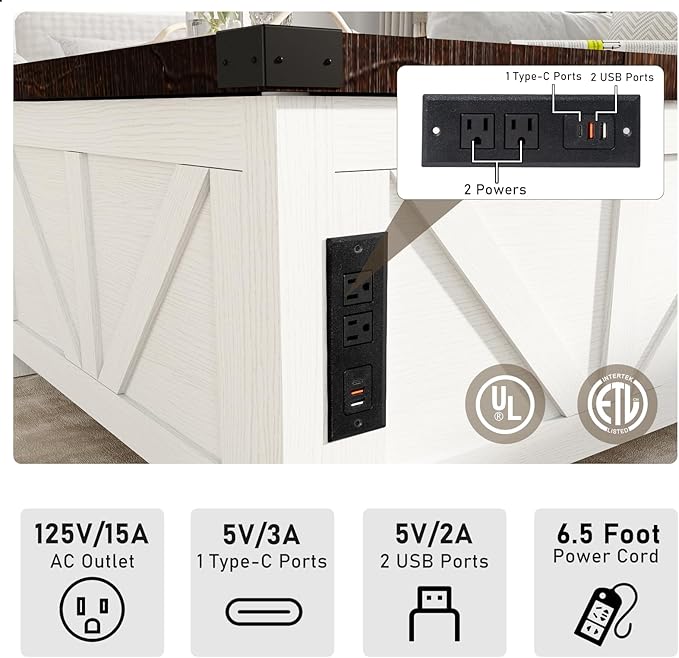 Farmhouse Lift Top Coffee Table with Storage, Wood Square Center Table with Charging Station&USB Port, Living Room Table w/Large Hidden Space, for Living Room, Bedroom, Home Office, White