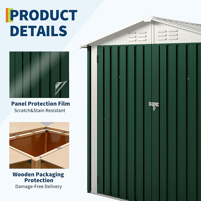 6x4 FT Outdoor Storage Shed, Garden Tool Storage Shed with Sloping Roof and Double Lockable Door, Outdoor Sheds with Panel Protection for Backyard Garden Patio Lawn,Green