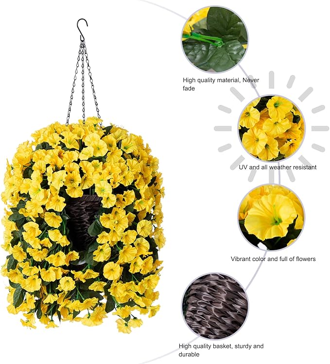 HyeFlora Artificial Fake Hanging Flowers Plants Baskets for Outdoor Outside, Faux Silk Yellow Morning Glory Flowers UV Resistant Look Real Hanging Planter for Home Porch Patio Balcony Yard Decor