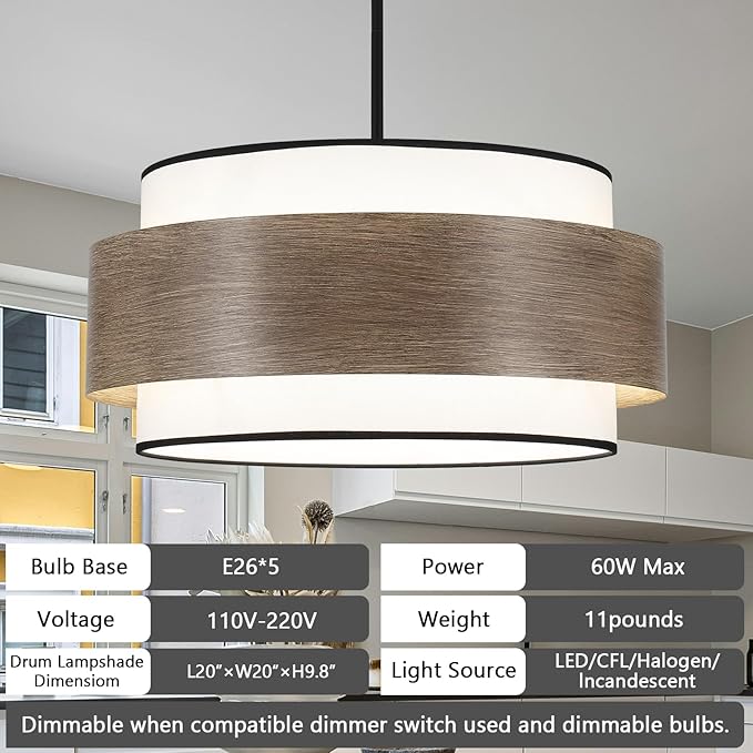 Luupyia 20 Inches Drum Chandelier with Metal and Fabric Shade, 5Lights Farmhouse Drum Pendant Light Large Rustic Chandelier, Height Adjustable Pendant Lighting for Ktichen Island Dining Room E26