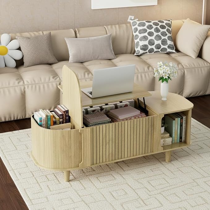Oval Lift Top Coffee Table, Mid Century Modern Center Table with 3 Hidden Compartment, Coffee Tables with Storage Open Shelf and Sliding Cabinet Door for Home Living Room Office (Natural)