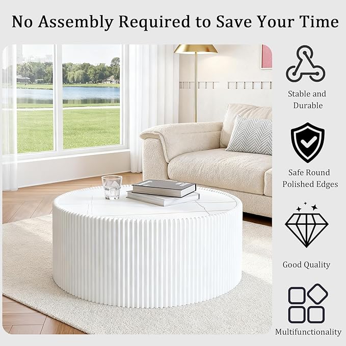 29.52" White Round Coffee Table, Drum Coffee Table with Sintered Stone Tabletop and Fluted PU Leather Covered and Stable Base, Circle Cocktail Tea Table for Living Room
