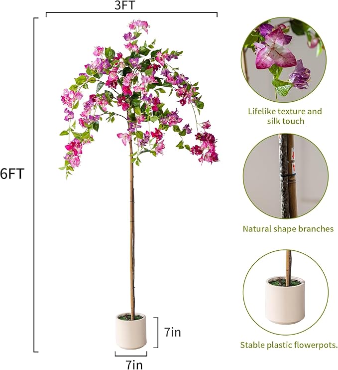 6FT Artificial Bougainvillea Tree Artificial Tree Tall Potted Fake Bougainvillea Trees for Outdoor Indoor Lifelike Potted Faux Plants with Wood Trunk and Flowers Office Wedding Home Decor