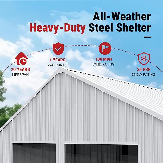 22x23 FT Outdoor Metal Garage Shed with 14-Gauge Steel Frame, 26-Gauge Panels & Side Door, Heavy-Duty Prefab Steel Building for Two Cars,Workshop, Farm Equipment & Tractor Shelter（White）