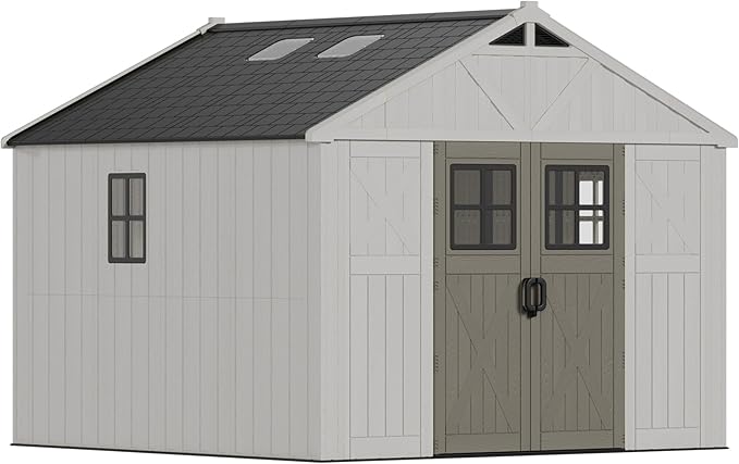 Devoko 10x10 FT Resin Outdoor Storage Shed with Floor, Plastic Tool Garden Shed with Windows & Lockable Door, Outside Large Storage Shed for Patio Backyard Lawn, Beige