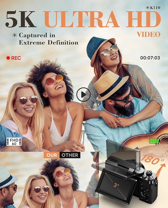 True 5K Digital Cameras for Photography 64MP - Autofocus 18X Zoom, with 3'' 180° Flip Screen, 64GB TF Card & 2 Batteries, Compact Travel Vlogging Camera for YouTube Beginners (Black)