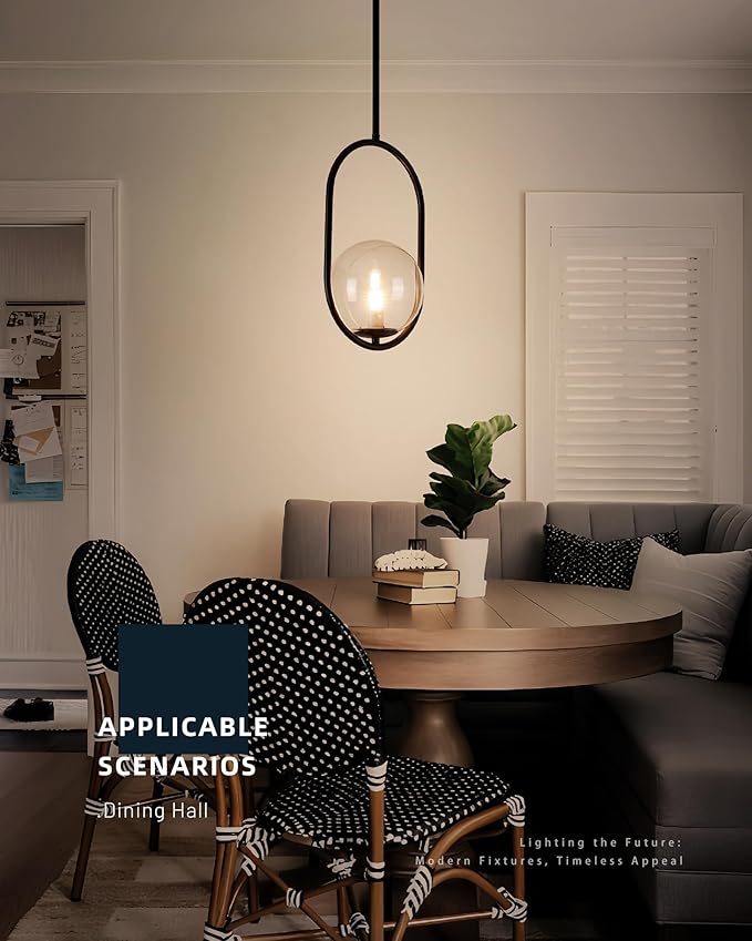 Glass Pendant Lights - 1-Light Pendant Lighting for Kitchen Island with Black Finish - Vintage Pendant Light Fixtures - Black Hanging Lights for Kitchen H9376-CLBK