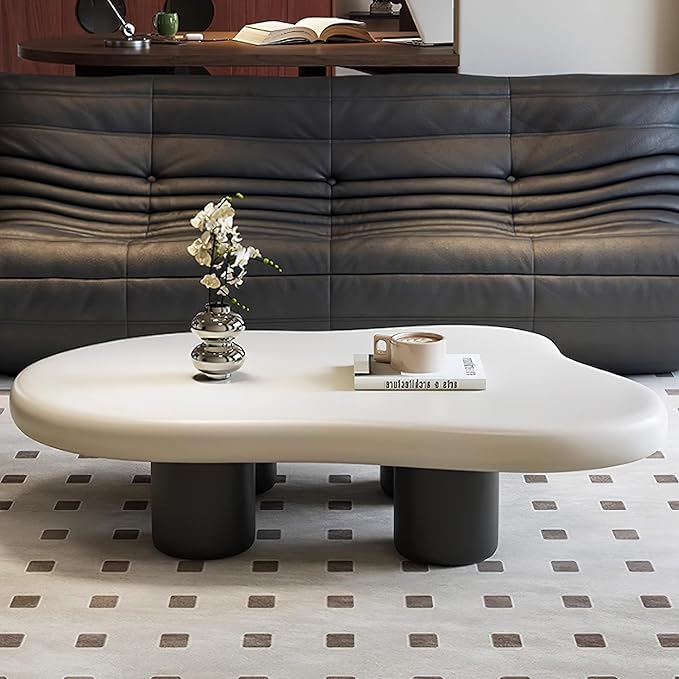 48 Inch Cloud Coffee Table, Modern Coffee Table for Living Room, Large Wood Coffee Side Table with Irregular Tabletop and 4 Sturdy Legs for Home Office Bedroom, White and Black